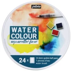 Pebeo Aquarelle Fine Watercolour Tin With 24 Half Pans & Water Brush