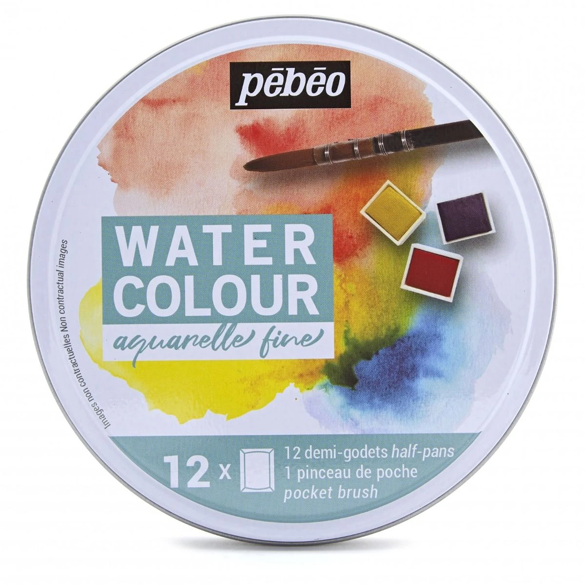 Pebeo Aquarelle Fine Watercolour 12 Half Pan Round Travel Tin
