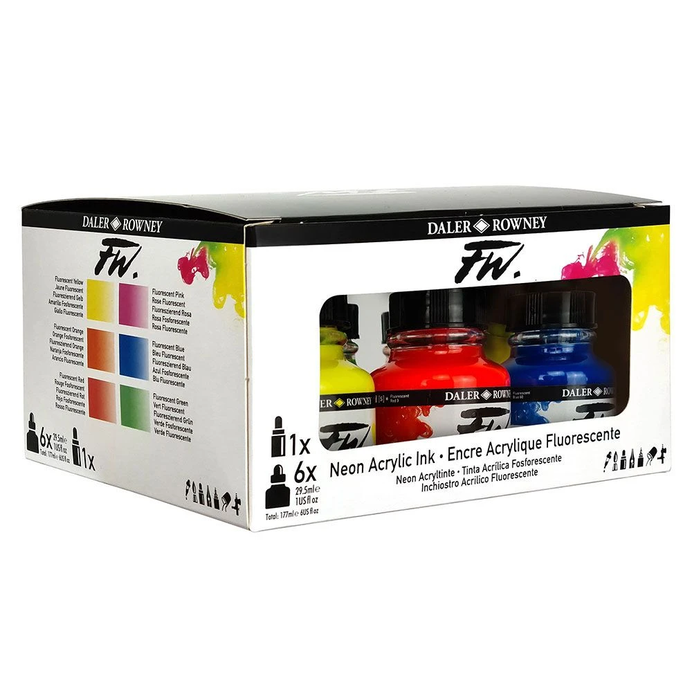 Daler-Rowney Daler Rowney FW Acrylic Ink Neon Set 6 X 29.5ml With Marker 1 Daler-Rowney Daler Rowney FW Acrylic Ink Neon Set 6 X 29.5ml With Marker