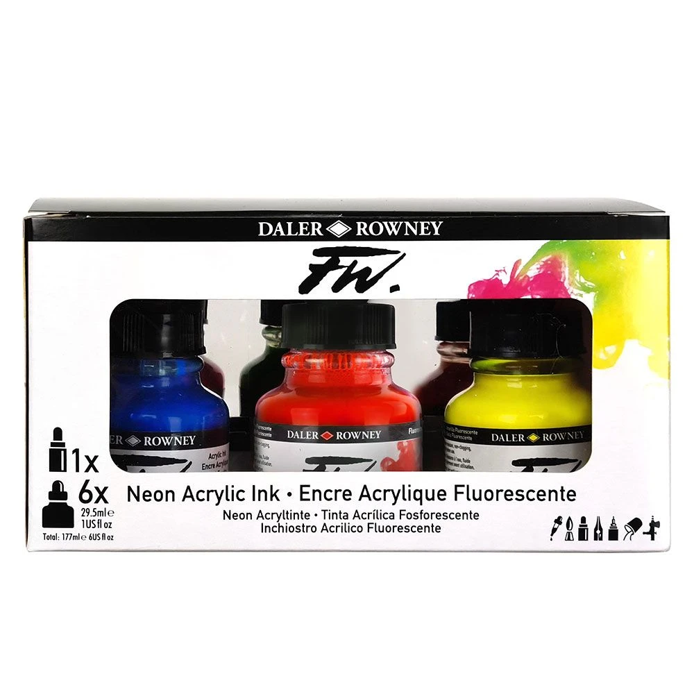 Daler-Rowney Daler Rowney FW Acrylic Ink Neon Set 6 X 29.5ml With Marker 2 Daler-Rowney Daler Rowney FW Acrylic Ink Neon Set 6 X 29.5ml With Marker - Image 2