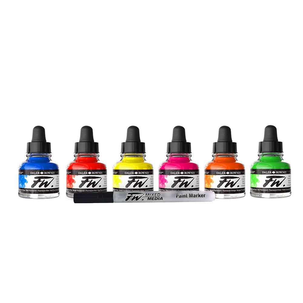 Daler-Rowney Daler Rowney FW Acrylic Ink Neon Set 6 X 29.5ml With Marker 4 Daler-Rowney Daler Rowney FW Acrylic Ink Neon Set 6 X 29.5ml With Marker - Image 4