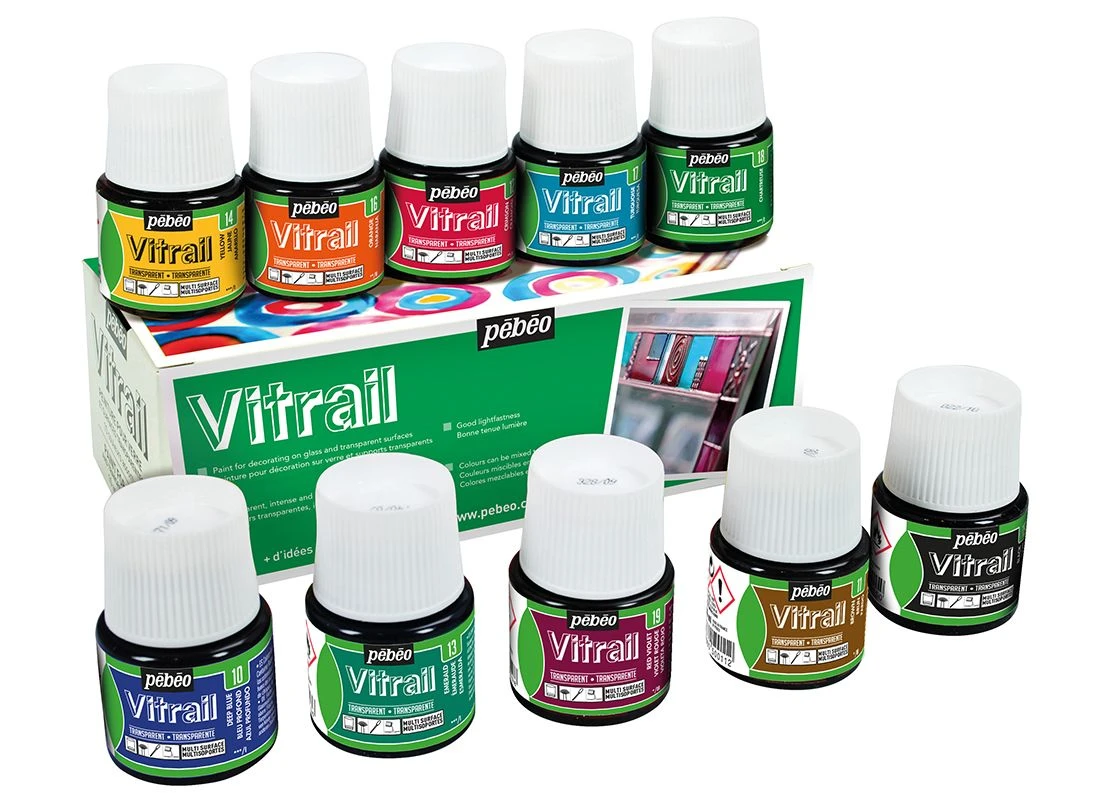 Pebeo Vitrail Glass Paint Assorted 10 X 45ml Box Set 1 Pebeo Vitrail Glass Paint Assorted 10 X 45ml Box Set