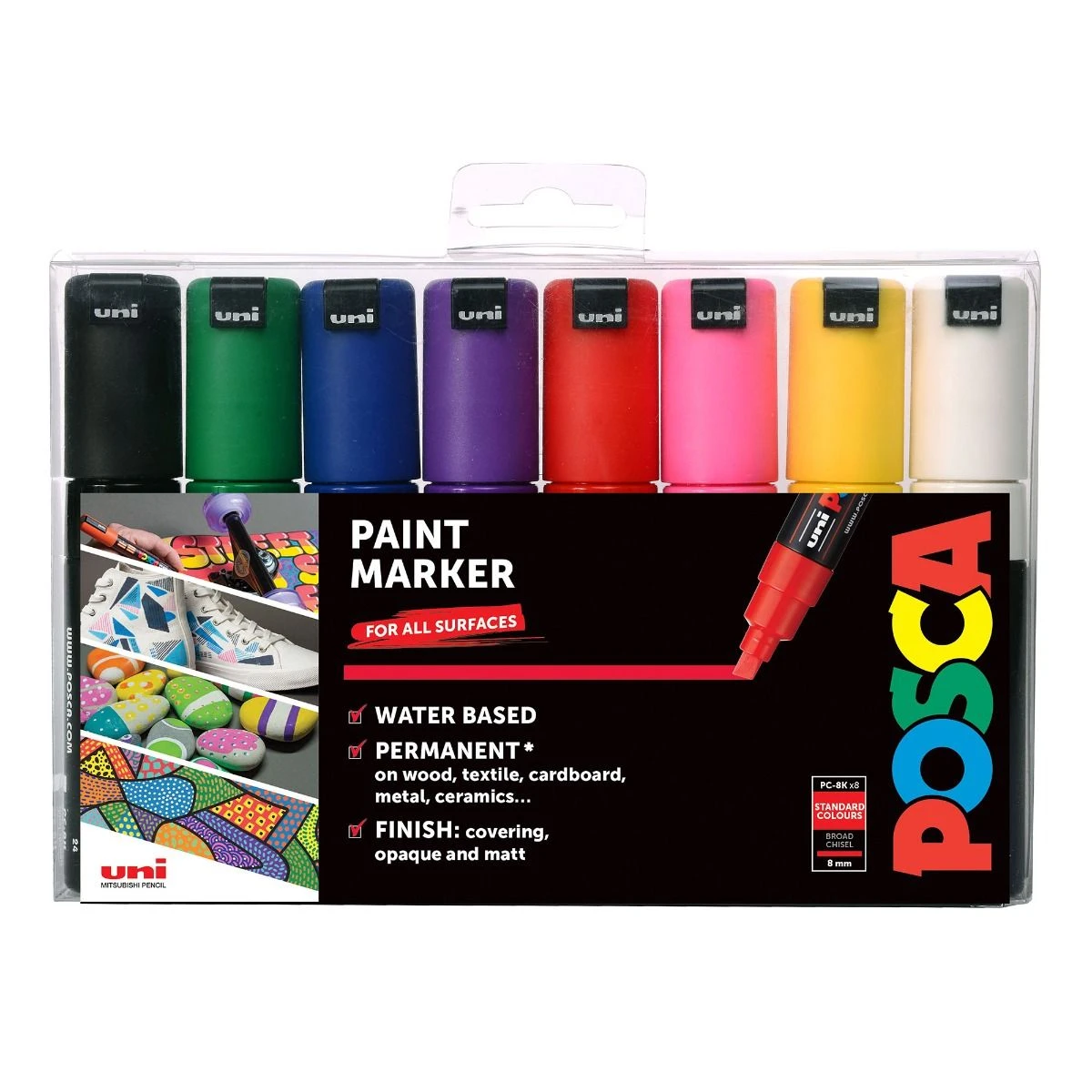 Uni POSCA PC-8K 8mm Chisel Tip Marker Set Of 8 Standard Colours 1 Uni POSCA PC-8K 8mm Chisel Tip Marker Set Of 8 Standard Colours