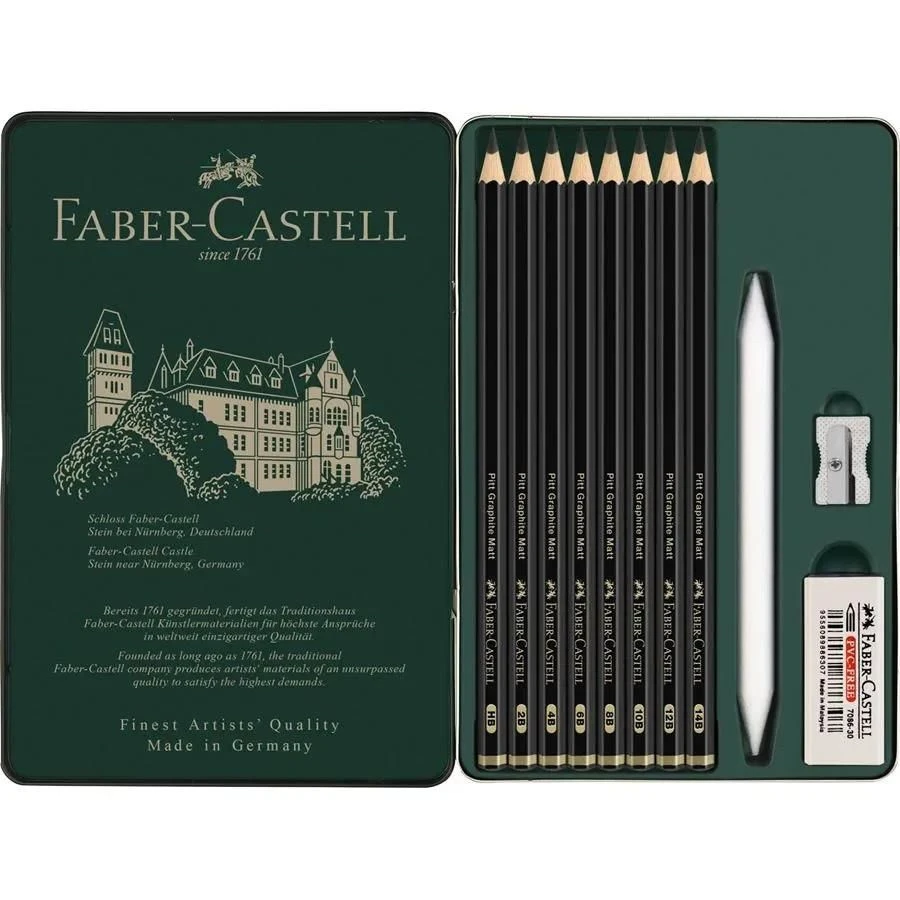 Faber-Castell Pitt Graphite Matt Pencils & Accessories Tin 11pc 1 Faber-Castell Pitt Graphite Matt Pencils & Accessories Tin 11pc