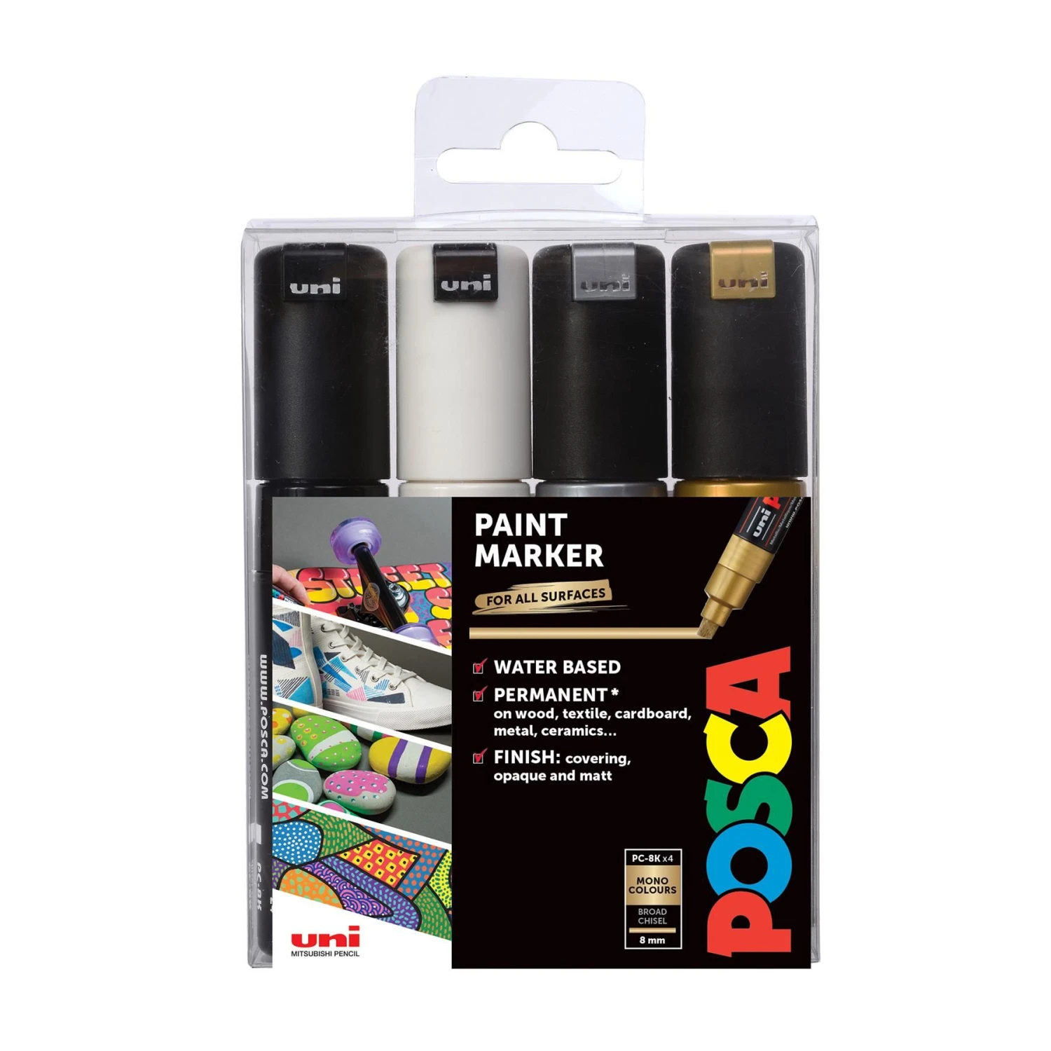 Uni POSCA PC-8K Broad Chisel Paint Markers Mono Colours Set 4pc 2 Uni POSCA PC-8K Broad Chisel Paint Markers Mono Colours Set 4pc - Image 2